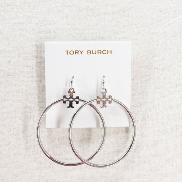 Tory Burch Jewelry - Tory Burch Stacked T Logo Hoop Earrings Silver OS